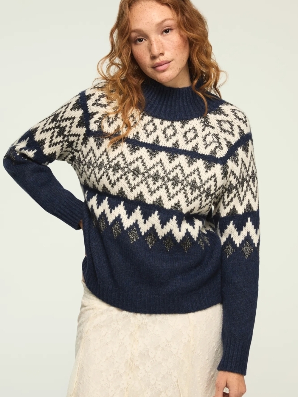 Lucky Brand Navy and Cream Fair Isle Turtleneck Sweater